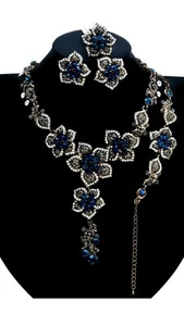 Grey Blue Crystal Party Bridal Necklace Earring Bracelet Set - Picture 1 of 2