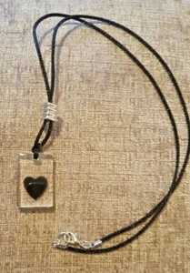 CLEAR RESIN PENDANT:  Embedded Black HEART; On Black Cord; HANDMADE - Picture 1 of 2