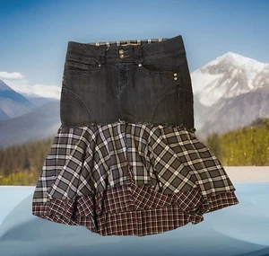 Candie's Gr. 7 Junior grau Jeans Western Boho kariert Fransen unten Midirock - Bild 1 von 8