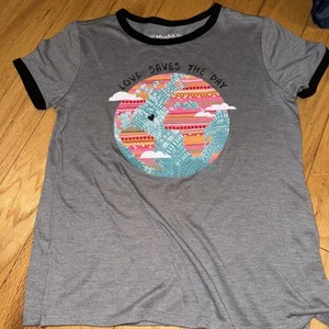 PREOWNED Girls Mudd “Loves Saves The Day” Gray Ringer T-Shirt Size 7-8 - Picture 1 of 4