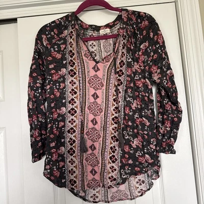 Top Boho Mason & Belle Caseey Borla Cuello en V M Cottagecore Campesino Negro Floral Foto 1 de 4