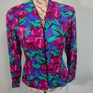 Papell Blazer Damen 4 Petite Floral Seidenjacke Vintage Lila Türkis Rosa - Bild 1 von 5