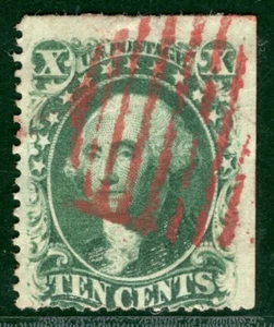 USA Classic Stamp Scott.35 10c Green TYPE V (1859) Used RED BARS Cancel ORANGE81 - Picture 1 of 6