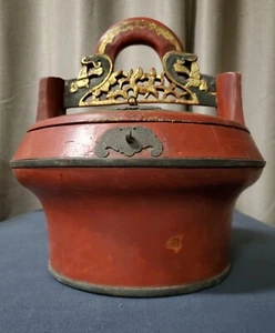 Antique 19th C. Chinese Hand Carved & Painted Elmwood Gift Wedding Bride Box - Picture 1 of 9