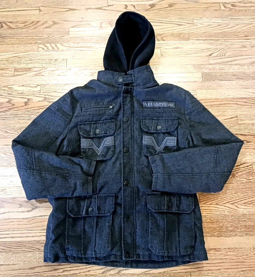 Chaqueta con Capucha Affliction Negra Premium Cremallera Completa/Snaps Gris Talla XL Foto 1 de 4