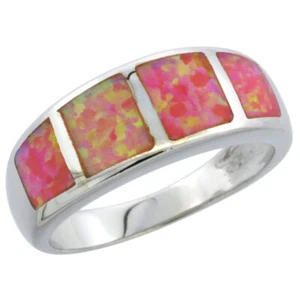 Fine Women Silver Rhodium Plated Pink Simulated Opal Square Pattern Ring 8mm - Picture 1 of 1