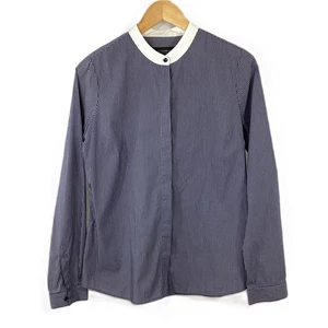 Paul Costelloe Blue Pinstriped Collarless Cotton Blend Shirt UK 12 - Picture 1 of 7