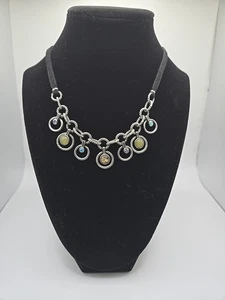 Lia Sophia Black Leather Necklace Silver Circle With Faux Gems Adjustable - Picture 1 of 7