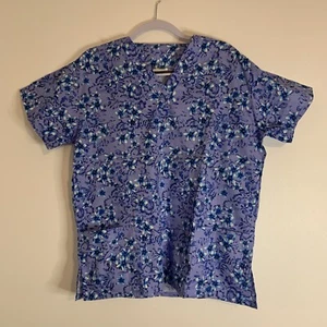 Tender Hearts Purple Blue Floral V-Neck Scrub Top Medical Uniform Small - Picture 1 of 8
