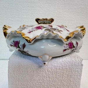 VTG Moss Rose Porcelain Covered Trinket / Vanity Dish - Ruffled Gold Trim - 8in - Picture 1 of 17
