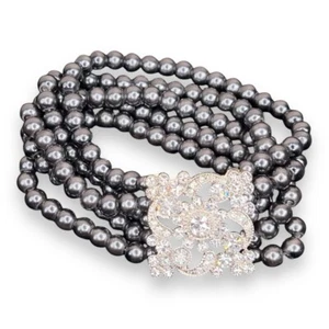 BLACK PEARL FASHION BRACELET STRETCH EVENT FORMAL RHINESTONE RETRO GLAM PINUP - Picture 1 of 9