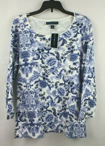 Karen Scott Women's 3/4 Sleeve Top Shirt Blouse Size S Blue Floral Tapestry  - Picture 1 of 4