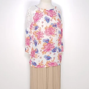 Patrizia Pepe Silk Blouse Red Blue Floral 3/4 Sleeve Lace Round Neck Size M - Picture 1 of 7