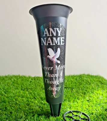 Personalised Black Grave Flower Vase – Silver Text with Dove Memorial Tribute