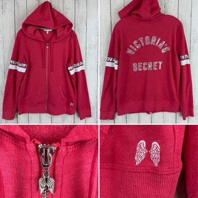 Suéter con Capucha Victoria's Secret Rosa Plata Lentejuelas Bling Cremallera Completa Talla Mediana Foto 1 de 4