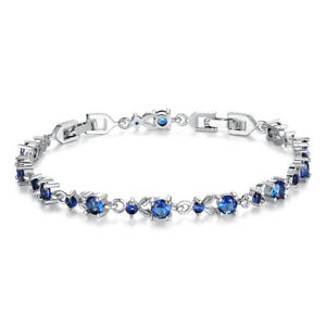 Fashion Woman Exquisite Blue Round Zircon Silver Bracelet Jewelry Wedding Gift 