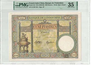 FRENCH INDOCHINA 100 Piastres 1936-39 Pick# 51d PMG: 35 VF. #PL1611 - Picture 1 of 2