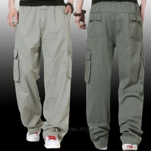 Men's Multi-pocket Trousers Cargo Overalls Army Pants 100% Cotton Casual Loose - Picture 1 of 34