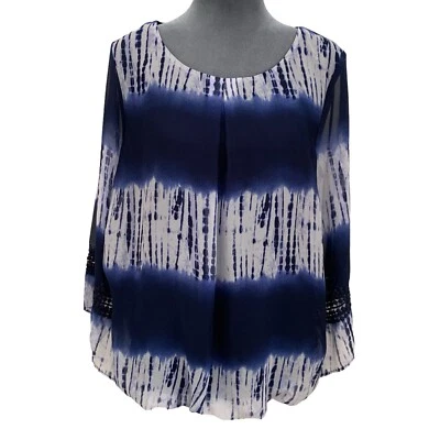 AB Studio Womens Medium Blue White 3/4 Sleeve Lightweight Career Top Blouse - Image 1 of 4