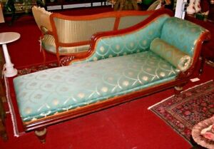 Antique Walnut & Silk Louis XVI French Empire Lounge Chaise Day Bed Lazy