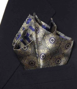 Gascoigne Pocket Square Yellow Gray Blue Geometric Men's - Picture 1 of 3