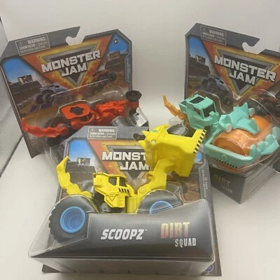 SPINMASTER Monster Jam Dirt Squad Series 10 Scoopz, Drilliam & Rolland Full Set.