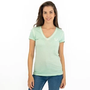 True Religion Womens Top Green Cotton Short Sleeve V Neck Summer T-Shirt Holiday - Picture 1 of 9