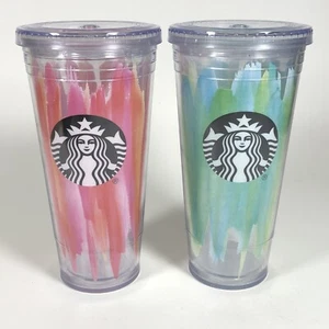 2 STARBUCKS Acrylic Tumblers To Go 20 OZ Artist Brush Strokes NO STRAWS! - Picture 1 of 6