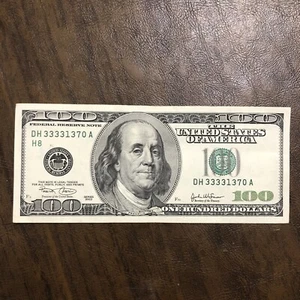 2003 $100 Fancy Serial Number REPEATER US One Hundred Dollar Note 33331370 - Picture 1 of 9