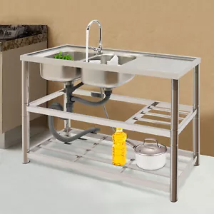 Commercial Sink Utility Sink 2 Compartment Kitchen W/ prep Table Stainless Steel - Picture 1 of 22