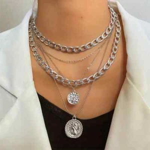 Silver Plated Chunky Layered Cuban Statement Necklace Coins FREE S/S BRACELET!! - Picture 1 of 5