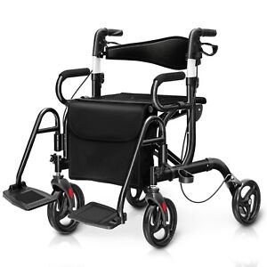 350lbs Folding Medical Rollator Walker Transport Chair Adjustable Handle Black