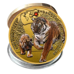 2014 Zambia Endangered Animal Collectibles Coin Siberian Tiger Gold Plated Medal - Picture 1 of 8