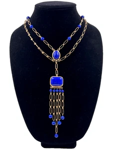 NEIGER BROS ANTIQUE CZECH LAPIS LAZULI BLU GLASS NECKLACE PENDANT CHAIN FESTOON - Picture 1 of 10