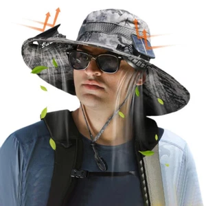 Wide Brim Sun Hat with Solar & USB Powered Fan UV Protection for Camping Fishing - Picture 1 of 19