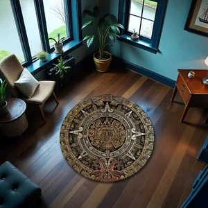 Mayan Calendar Rug Round Carpet Aztec Tribal Print Soft Non Slip Spiritual Decor - Picture 1 of 3