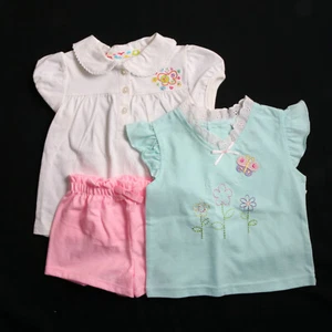 MÄDCHEN KLEINKIND ROSA WEISS & GRÜN 3-TEILIGES SET - 2 SHIRTS UND 1 PAAR SHORTS 12M Neu mit Etikett - Bild 1 von 9