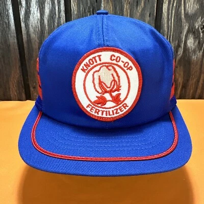 De colección Knott Co Op Fertilizante Camionero Sombrero Snapback Gorra 3 Rayas Tres Años 80 EE. UU. Foto 1 de 4