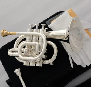 Professional Silver plated Pocket Trumpet Key of C Monel Valves 2 Mouth New Case - Picture 1 of 5