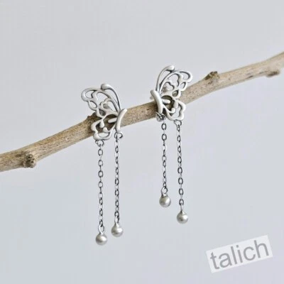 Pendientes mariposa recortados de plata de ley 925 con cadena de borla de cuentas boho únicos Foto 1 de 4