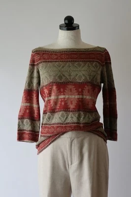 Suéter Y2K Vintage Otoño Marrón Rojo Lino Americana Rayas Suroeste Mujer S Foto 1 de 4