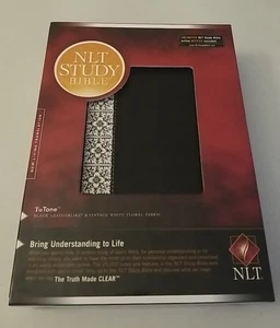 NLT Studienbibel lederähnlich schwarz Vintage weiß Blumenmuster mit Box - Bild 1 von 11