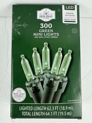 Holiday Time LED In/Out Green Mini Christmas Lights 300 White Wire 64.1'- NIB - Image 1 of 2