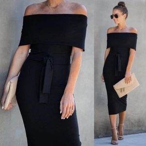 VICI Top Secret Size Small Womens Off Shoulder Black Ribbed Midi Dress Bodycon - Picture 1 of 12
