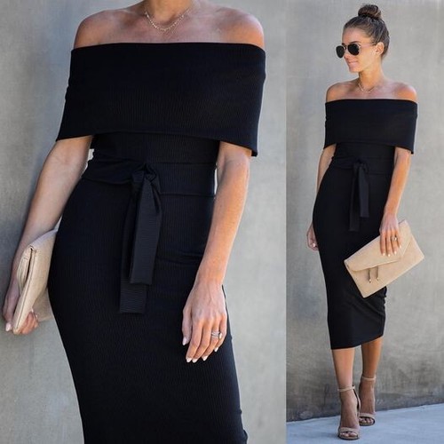 UNDERCOVER Abito midi VICI Top Secret taglia small donna spalle scoperte nero a costine bodycon