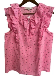NEW LOFT Top Womens Medium Pink Floral Ruffled Sleeveless Tie Neck Cottagecore - Picture 1 of 10
