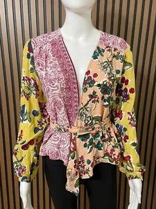 Anthropologie Meadow Rue Blusa Damen Top Bluse Wickeloptik 2 gelb Blumen Patchwork - Bild 1 von 9