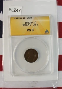 1922 D Lincoln Wheat Cent Penny - Weak D Die 1 - ANACS VG 8 (SL247) - Picture 1 of 2