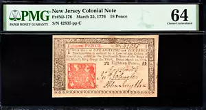 New Jersey Colonial Note Fr#NJ-176 March 25, 1776 18d PMG 64 - Picture 1 of 4