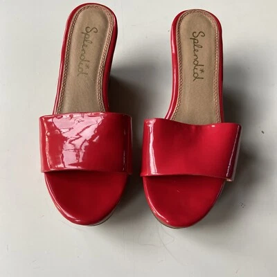 SPLENDID Red Patent Leather Open Toe Wedge Slides Shoes Sandals Size 7.5 Heel - Image 1 of 4